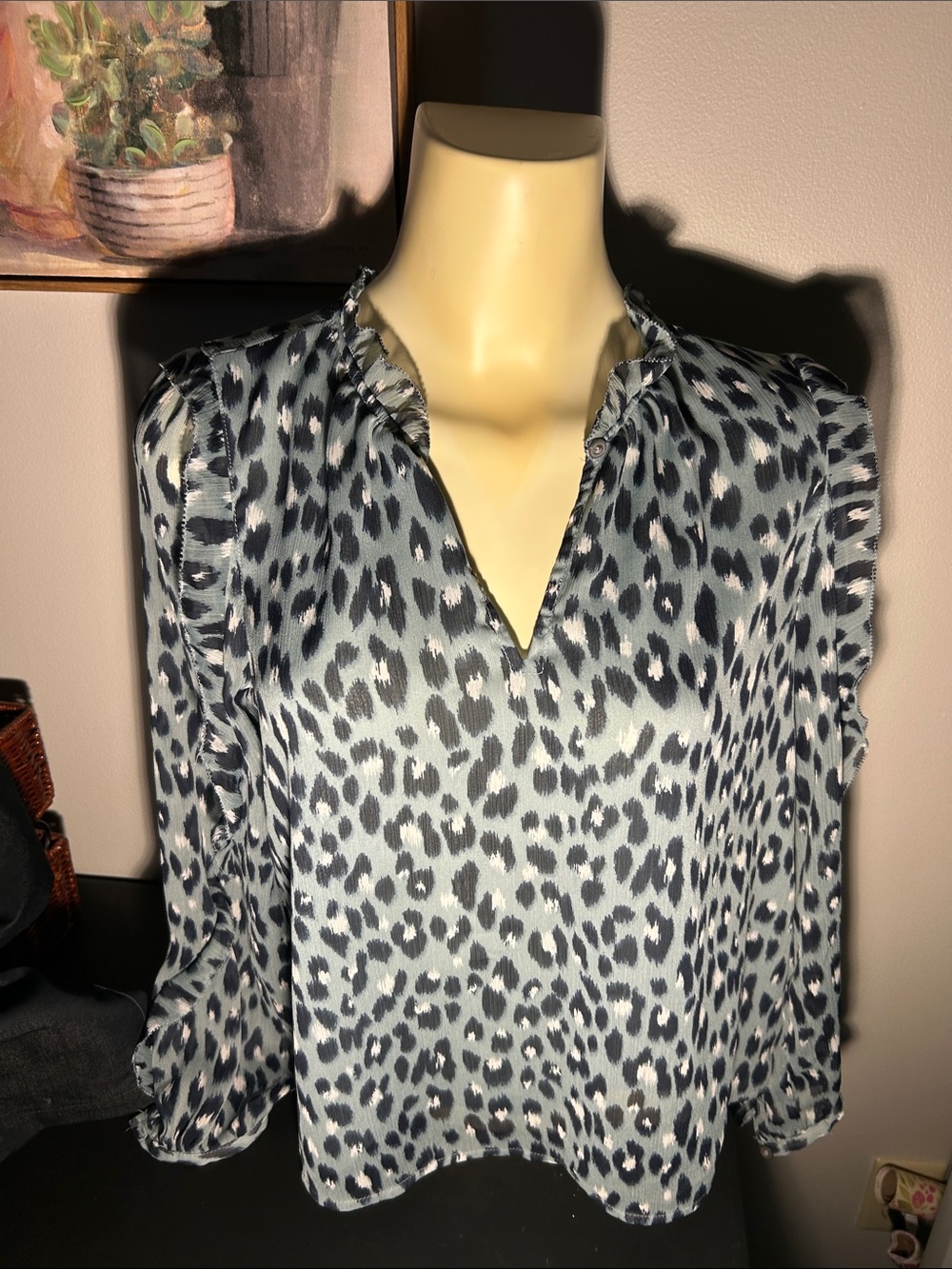 LOFT Black and Gray Leopard Print Ruffle V-Neck Blouse